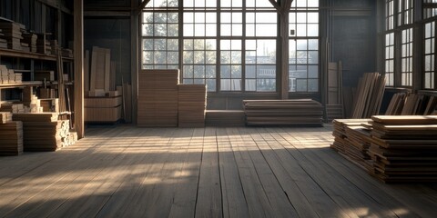 Obraz premium Wood planks in a storage building with large windows in the background, usage in decor.