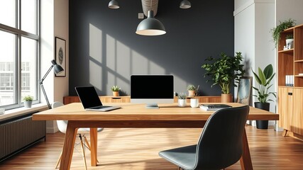 Modern and comfortable co working space with laptop computer mockup on wooden table, co working space, technology