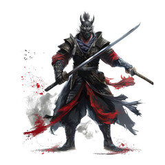 A samurai warrior in black armor with a sword drawn in a battle pose, surrounded by red and white smoke.