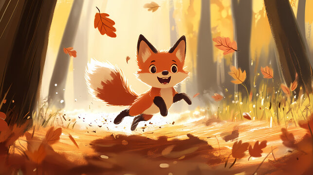 A baby fox frolicking in a sundappled forest clearing, playfully pouncing on fallen leaves with glee. Sundapple. Illustration