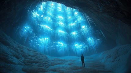 Obraz premium A lone figure stands in awe of a breathtaking ice cave