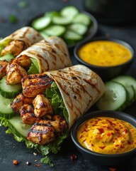 Grilled Chicken Wraps with Sauces and Cucumbers
