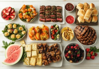 Colorful and Delicious Spread of Various Dishes Featuring Steaks, Grilled Meats, Fresh Fruits, Salads, Appetizers, and Desserts for a Perfect Gathering