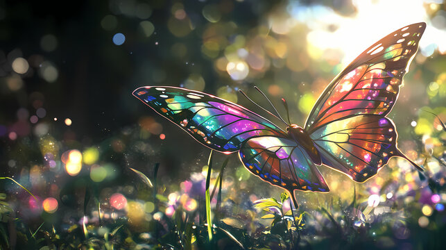 Butterfly, colorful patterns, graceful, fluttering through a sundappled meadow, sunny, photography, backlighting, chromatic aberration, rack focus view. Sundapple. Illustration