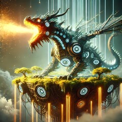 Obraz premium futuristic Taritarian dragon with mechanical scales powered by bioluminescent energy