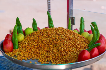 South India. Traditional Indian food. Peppers, tomatoes, lemons and grains.