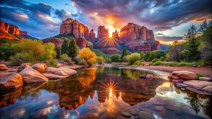 Fototapeta premium Sedona Cathedral Rock Holy Rock Pool: Spiritual Vortex, Arizona Nature Photography, Red Rock Landscape