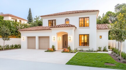 Fototapeta premium Elegant Mediterranean Style Home with Charming Architecture and Lush Landscaping in Suburban Neighborhood