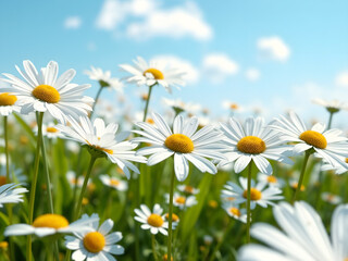 Fototapeta premium A vibrant field of daisies under a bright blue sky. Perfect for spring, nature, or seasonal designs. Generative AI