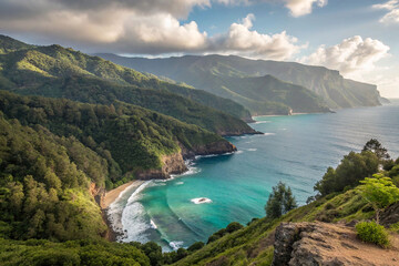 Secluded cove with turquoise water, lush green hills, and dramatic clouds.