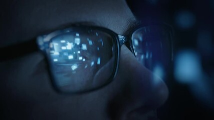 Professional Computer Screen Light Reflection In Eyeglasses Dark Room Digital Technology
