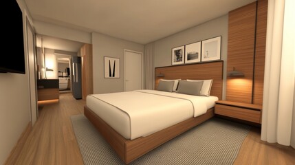 Modern Hotel Room Interior Design: Tranquil Bedroom with Wooden Accents