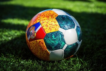 Fototapeta premium Soccer Ball with Spain and England Flags on Grass, Euro 2025 Final Match
