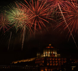 Fireworks in downtown Porto, on the side of the city of Vila Nova de Gaia in Serra do Pilar,...