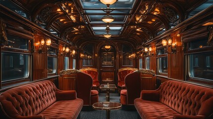 Fototapeta premium Luxurious vintage train interior elegant dining car cozy atmosphere