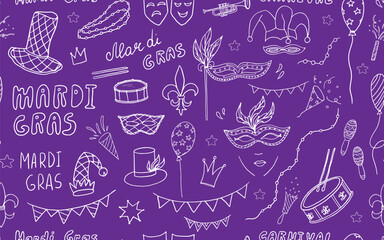 Seamless pattern of Festival Mardi gras. Party, carnival. Mask, beads, balloons, garlands, confetti, fireworks. Great for greeting card, banner. Doodle style