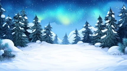 Fototapeta premium Serene Winter Landscape with Snow-Covered Trees and Northern Lights in a Starry Night Sky