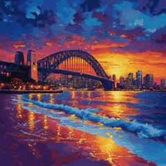 Obraz premium Vibrant Sydney Harbour Bridge Sunset Painting in Aboriginal Dot Art Style