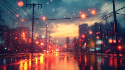 Fototapeta premium A rainy cityscape at dusk, with vibrant lights reflecting on wet streets.