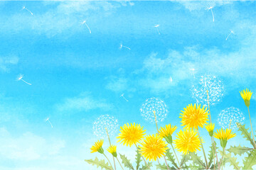 空に舞うタンポポの水彩イラスト