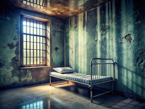 Empty Prison Cell with Metal Bars, Bed, Copy Space - Stock Photo