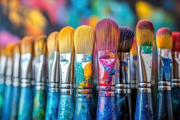 Fototapeta premium Close-up of colorful paint brushes, art supplies, vibrant hues, creative tools, painting accessories, artistic background