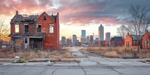 Ruined brick house in urban decay area with city skyline at sunset.