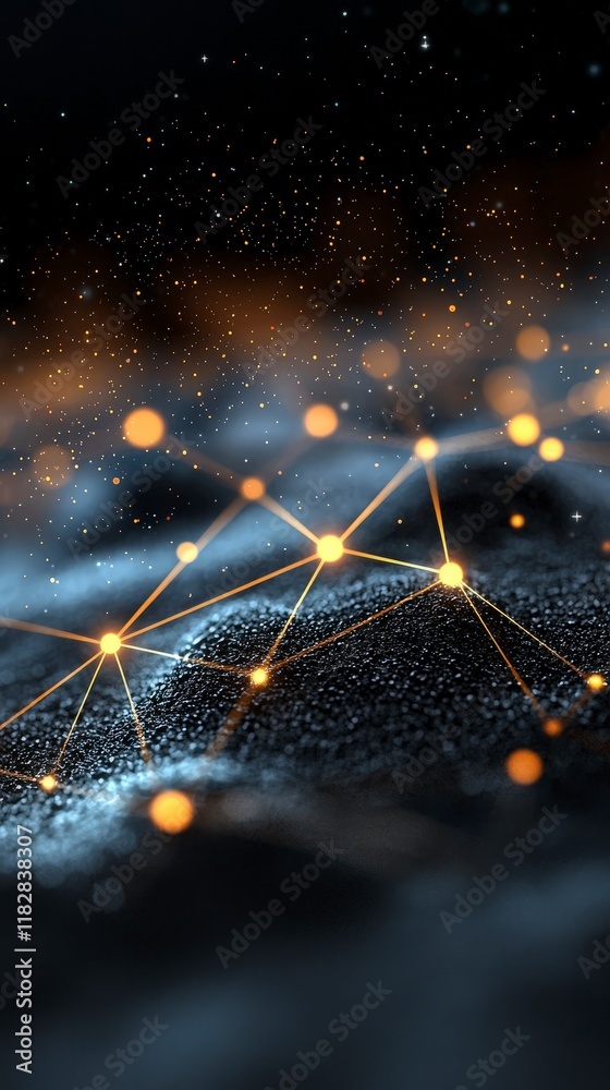 Poster abstract connection of glowing dots and light trails creating a mesmerizing digital landscape in dar