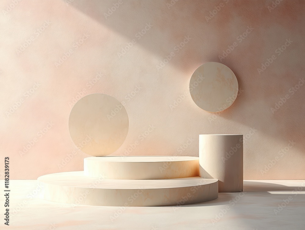 Poster Pastel Abstract Display with Geometric Platforms and Circles for Minimalist Product Showcase