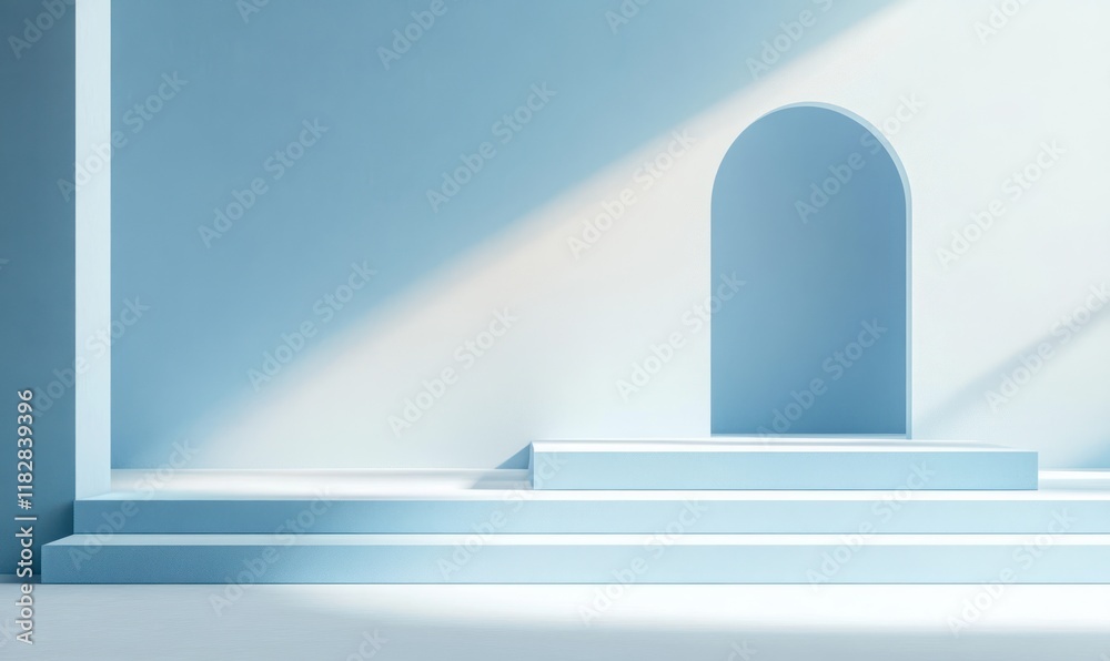 Poster minimalist geometric stage platform for product display in soft blue and white tones