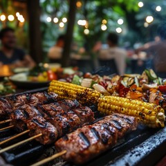 Delicious grilled skewers and corn displayed on grill at a vibrant outdoor barbecue gathering with warm lights and blurred background atmosphere