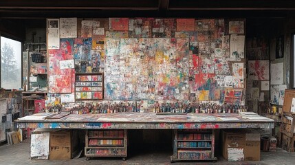 A vibrant and textured artist's studio, showcasing a colorful collage of artwork on the walls and a multitude of art supplies arranged on a long work