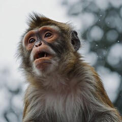A monkey looking up in awe, staring at the sky with a white backdrop.