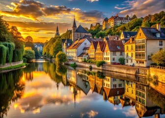 Obraz premium Stunning River Town Architecture: Picturesque Cityscape, Waterfront Buildings, River Reflections, Urban Landscape Photography