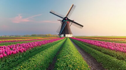 Monument cultural and iconic, A beautiful landscape featuring a windmill surrounded by vibrant tulip fields under a colorful sky.