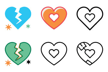 Sad and broken heart vector icon set showcasing emotional distress, healing, and abstract designs with creative line art elements