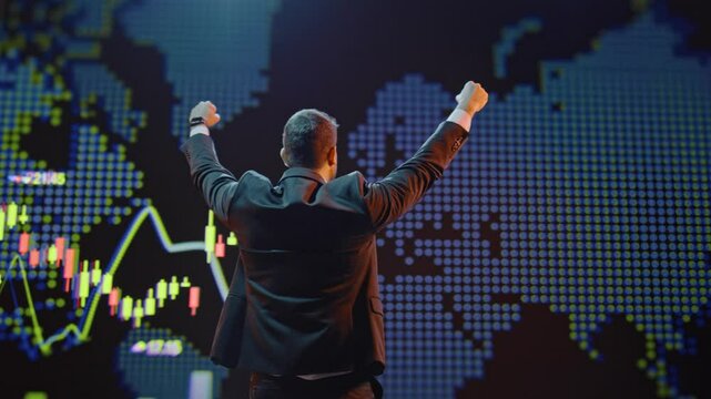 Successful Business Trader Celebrating Stock Market Growth Financial Success Investment Win