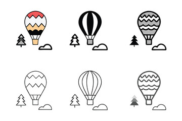 Vector line art icon set of hot air balloons with unique patterns, surrounded by scenic elements like mountains and clouds for creative design