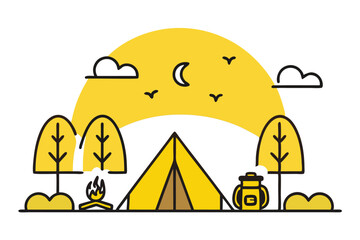 Nature camping line art icon set featuring tents, campfires, trees, and scenic elements like moon, clouds, and birds in minimalist style