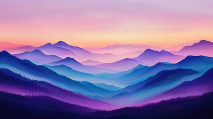 Obraz premium Sunset illuminates purple and blue mountainscape with gentle mist and layered peaks in serene evening ambiance