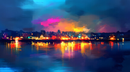 Fototapeta premium Vibrant city lights glow at dusk digital painting abstract style. ai generated. Nightfall. Illustration