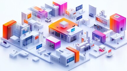 Fototapeta premium Isometric illustration of a vibrant, modern office space with diverse technology and collaborative work areas.