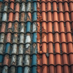 Comparison roof top before and after cleaning moss lichen and the restoration, old and new concept