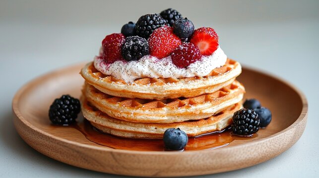 Fluffy vegan waffles topped with coconut cream and fresh berries for a delightful breakfast experience