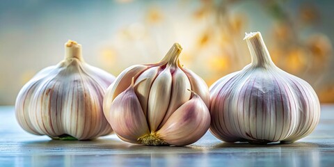 Obraz premium Three Heads of Garlic on Light Background - Fresh Organic Produce, Culinary Ingredients, Healthy Cooking, Natural Food Photography, Still Life, Kitchen Essentials, Spices, Seasoning