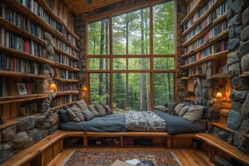 Fototapeta premium Rustic stone and wood library with a cozy reading nook overlooking a lush forest through a large window. Peaceful and serene atmosphere perfect for re