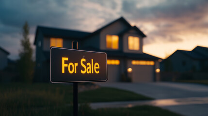 Fototapeta premium House for sale with illuminated sign at dusk, showcasing modern architecture and inviting atmosphere.