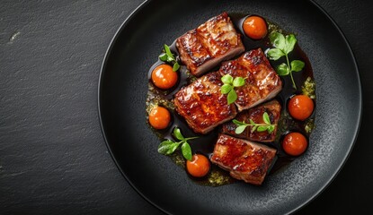 Deliciously Seared Meat Blocks Surrounded by Cherry Tomatoes and Fresh Herbs on a Dark Plate Perfect for Culinary Portfolio or Food Magazine Feature