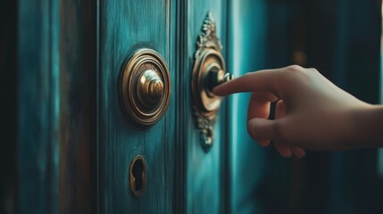 Obraz premium A Hand Gently Presses an Antique Doorbell on a Teal Door