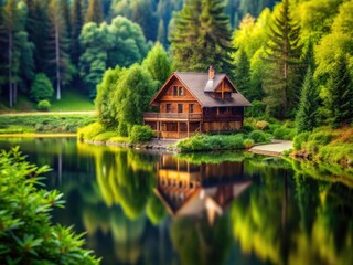 Tilt-Shift Miniature Wooden Lake House, Forest Escape, Idyllic Nature Scene, Green Lush Vegetation, Fantasy Cabin